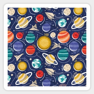 Paper space adventure I // pattern // navy blue background multicoloured solar system paper cut planets origami paper spaceships and rockets Sticker